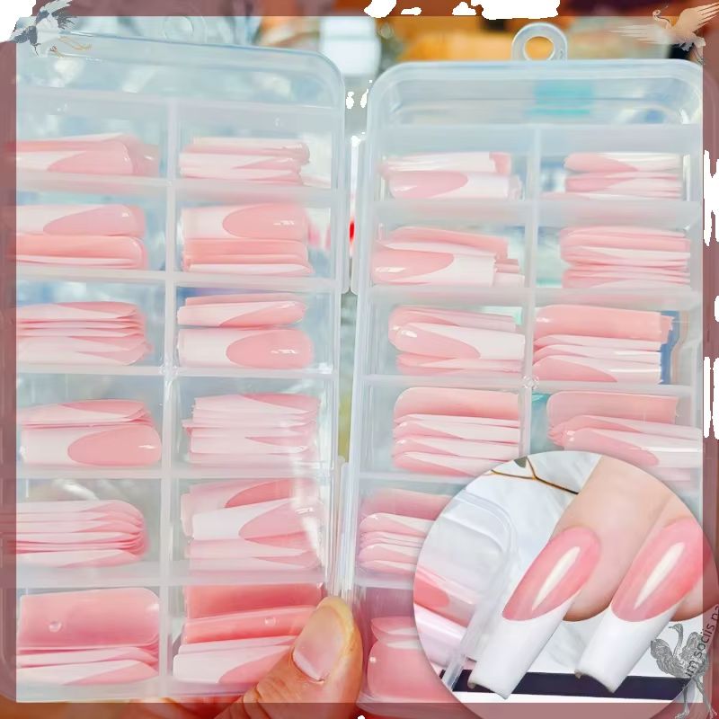 Nail Art Press On - 120Pcs Glossy Pink French Press on
