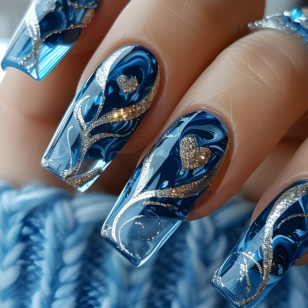 Nail Art Press On - 24pcs Blue Press on Nails Spicy