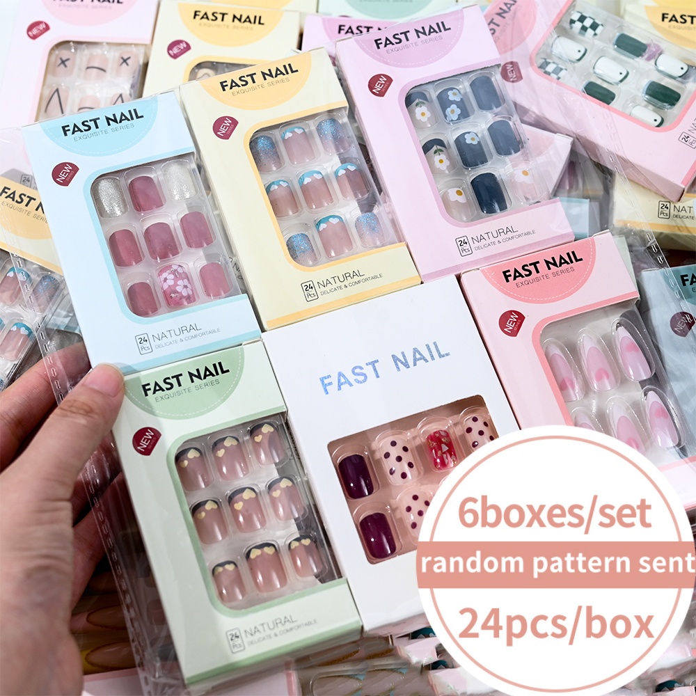 6Boxes/Set Short Square Fake N - Nail Art Press On ulasan dan harga