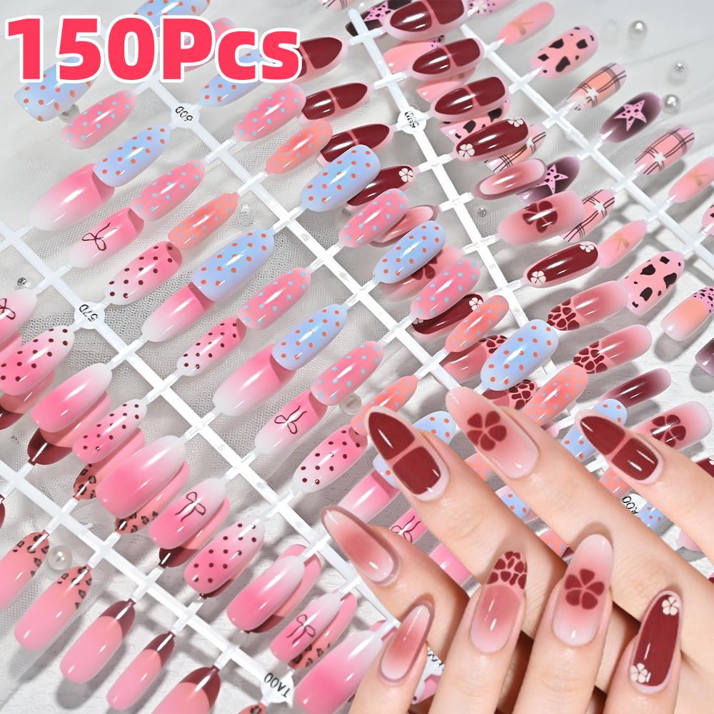 150Pcs Pink Blue Ombre Leopard - Nail Art Press On ulasan dan harga