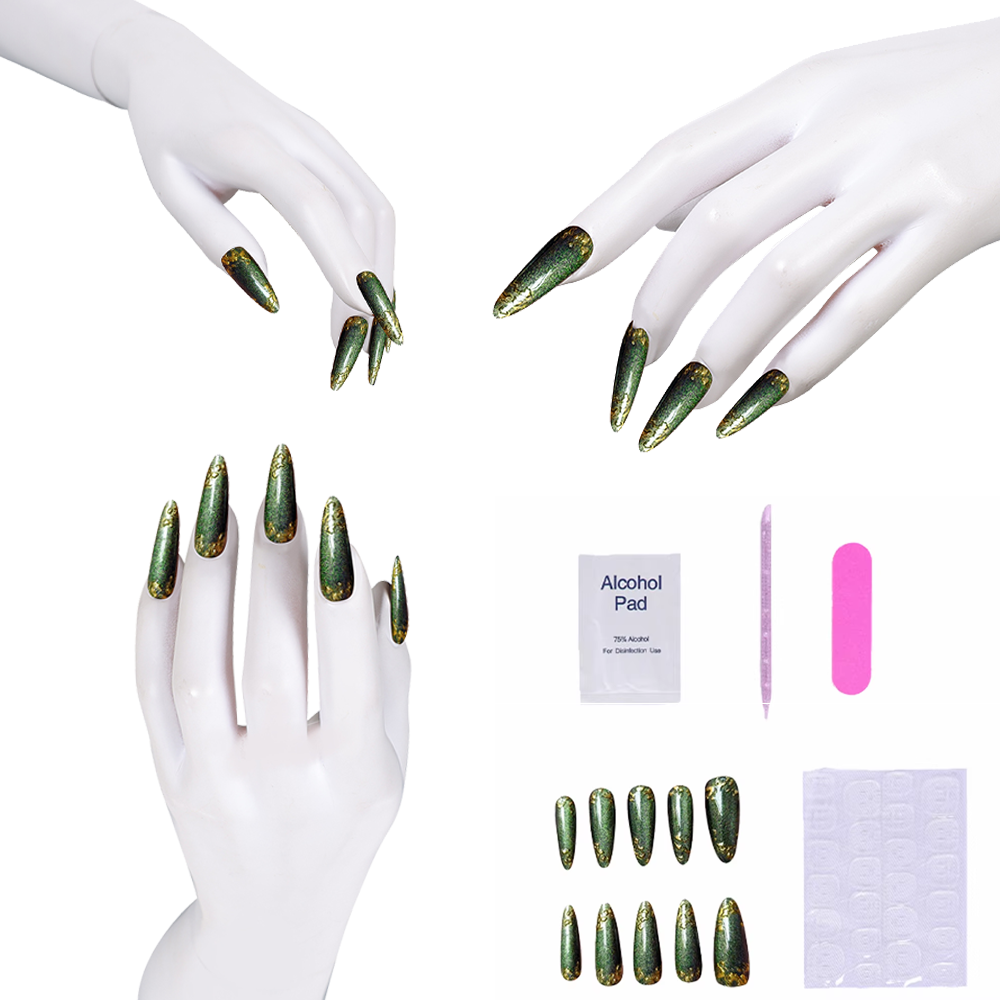 Green Press-on Nails with glit - Nail Art Press On ulasan dan harga