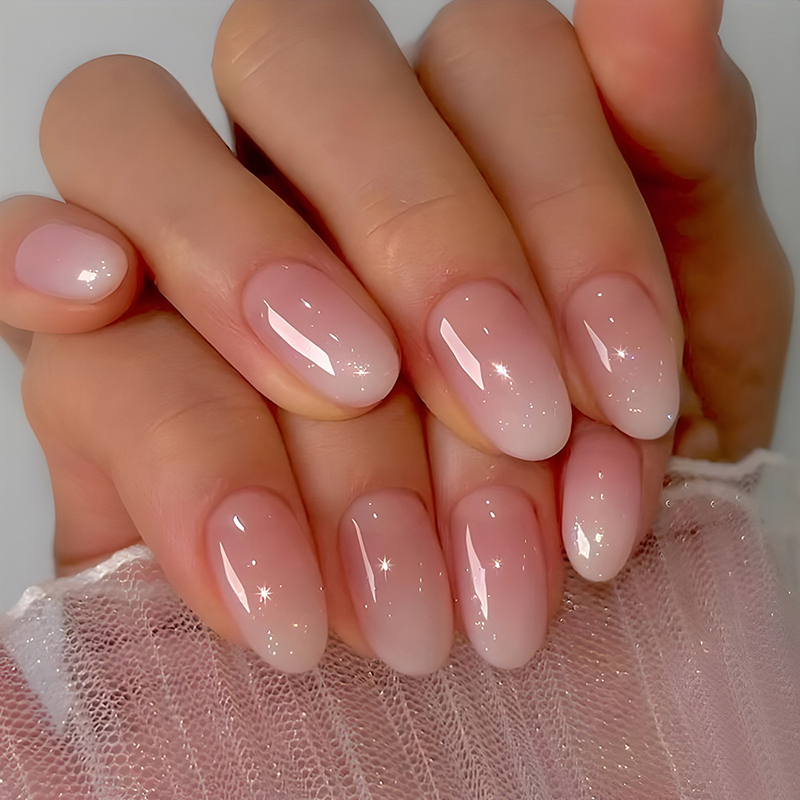24Pcs Oval Short Pink Press on - Nail Art Ombre Pink ulasan dan harga