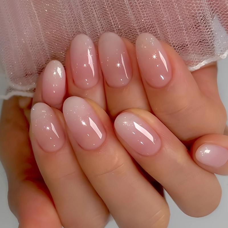24Pcs Oval Short Pink Press on - Nail Art Ombre Pink ulasan dan harga