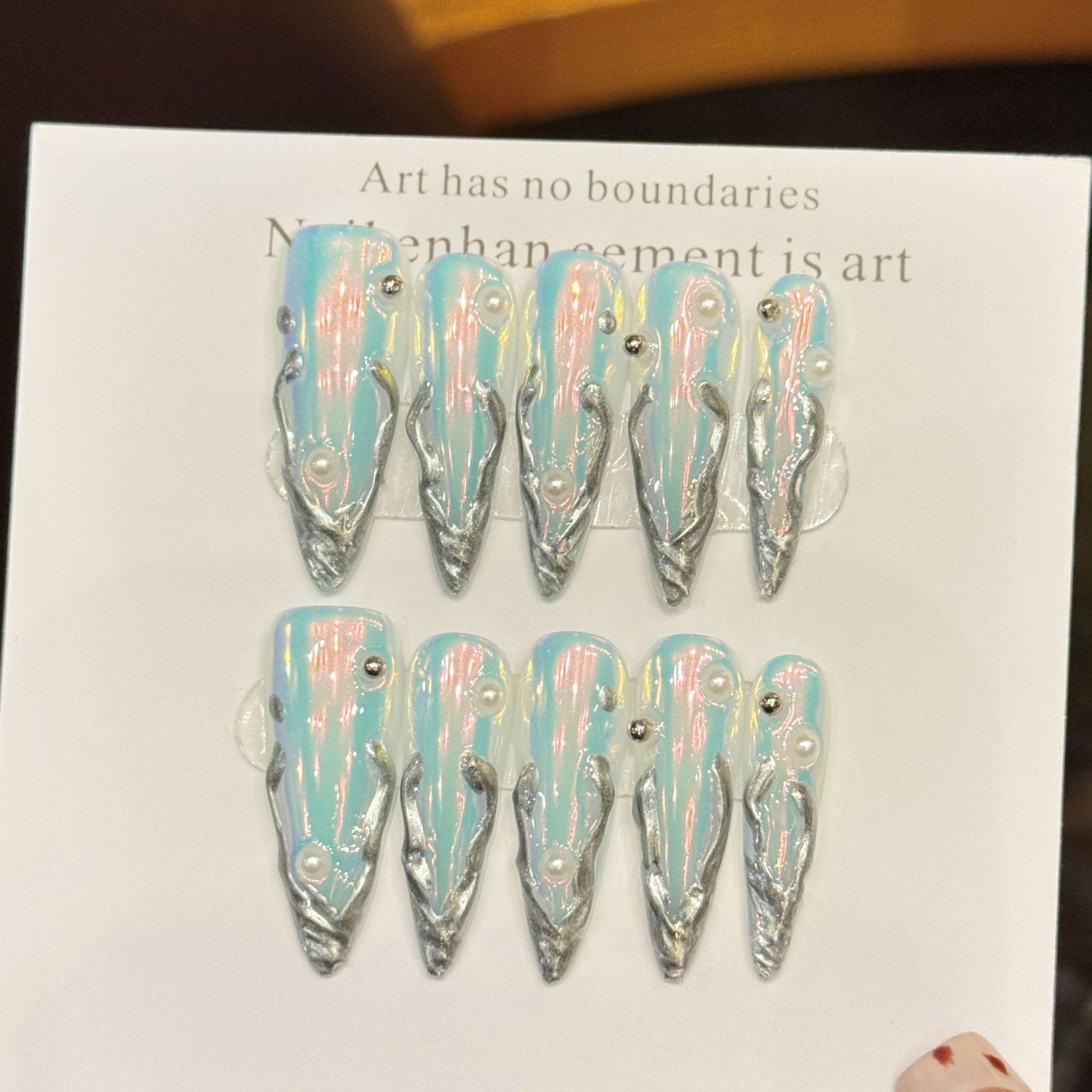10pcs Silver Aurora Long Stile - Nail Art Press On ulasan dan harga