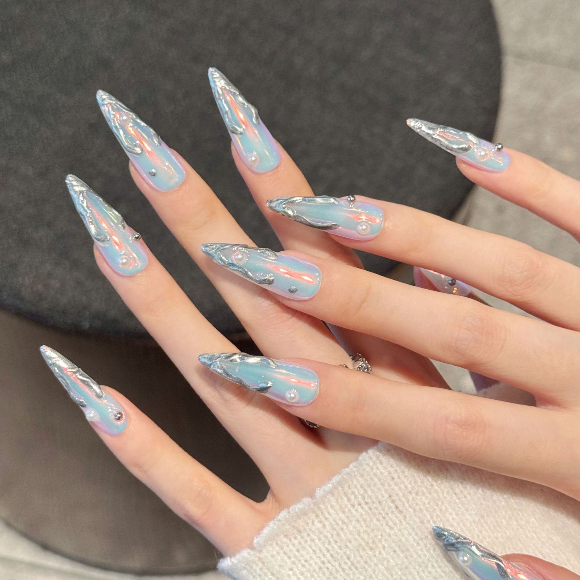 10pcs Silver Aurora Long Stile - Nail Art Press On ulasan dan harga