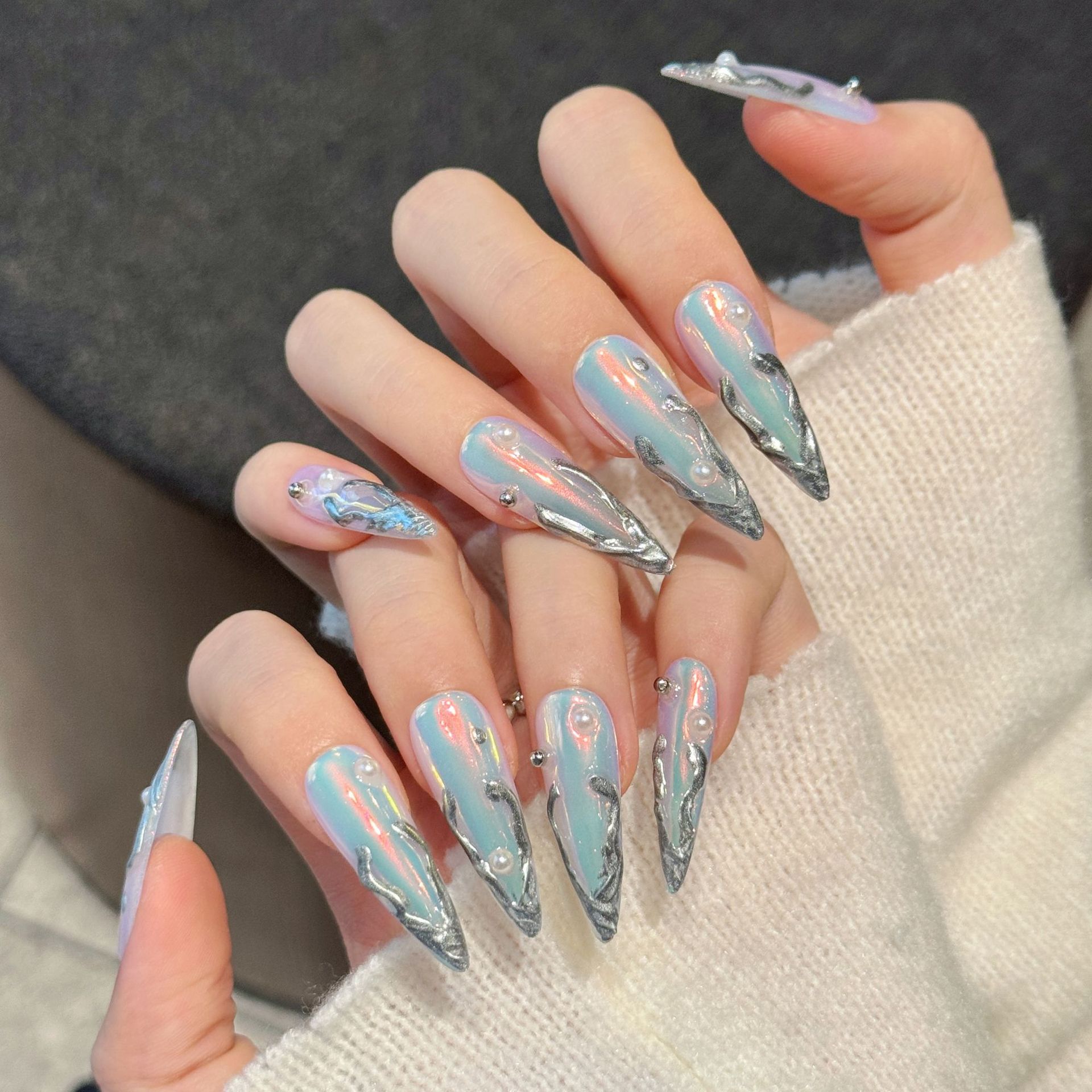 10pcs Silver Aurora Long Stile - Nail Art Press On ulasan dan harga