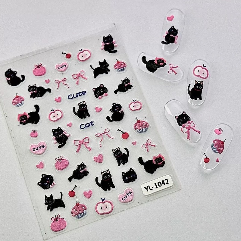 Cute Cartoon Bow Black Cat 3D  - Nail Art Vintage ulasan dan harga